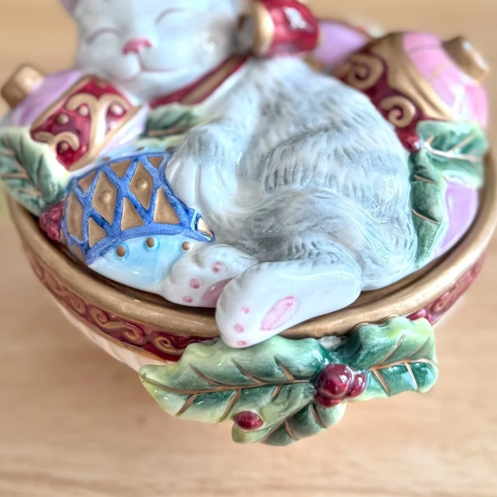 Fitz and Floyd Kristmas Kitty Lidded Box Candy Dish Trinket Jar Holiday Decor